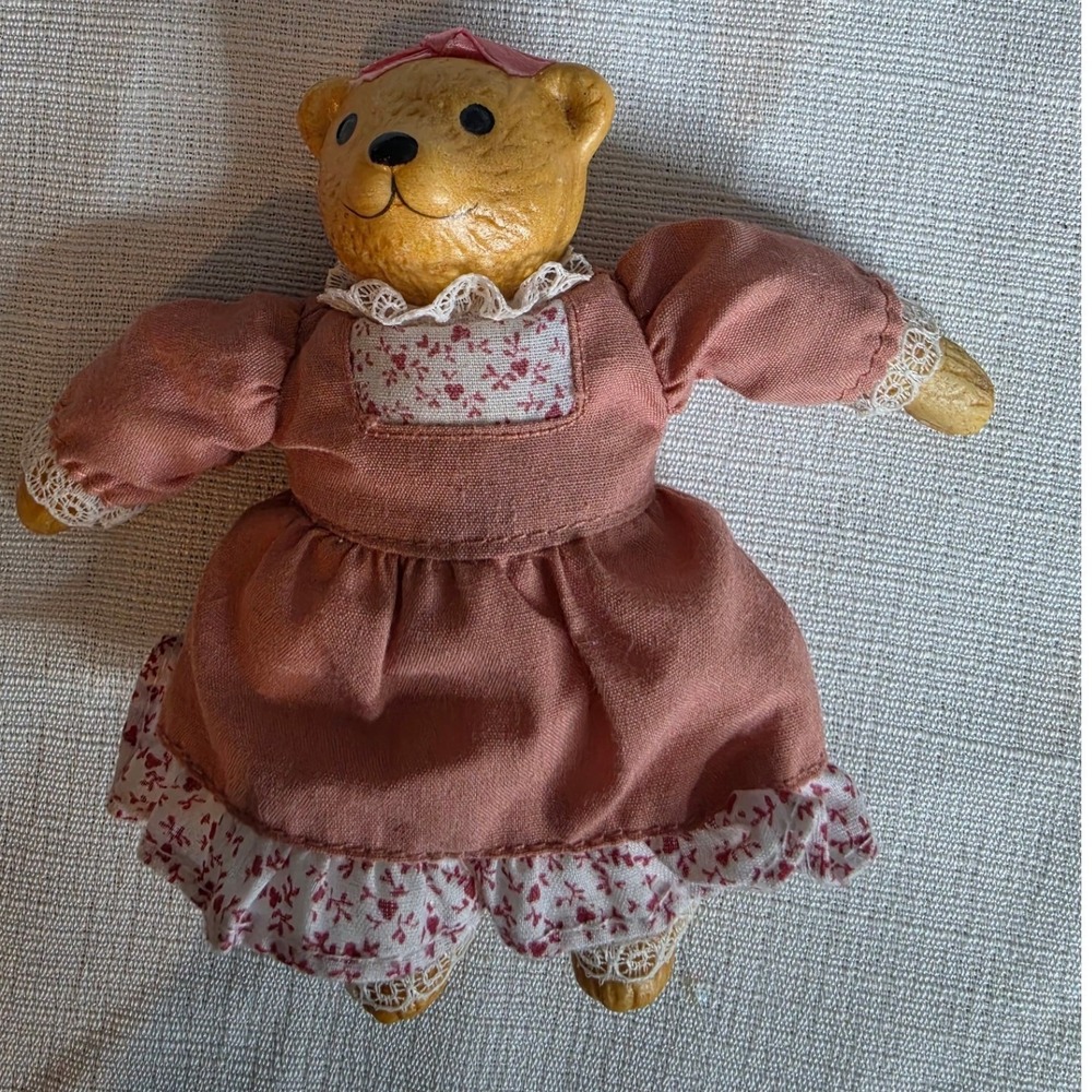 Vintage Teddy Bear Doll Figurine Pink Floral Prairie Dress Lace Cottagecore